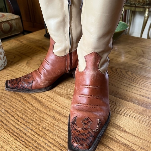 Tan and Brown Heeled Boots - Picture 3 of 9